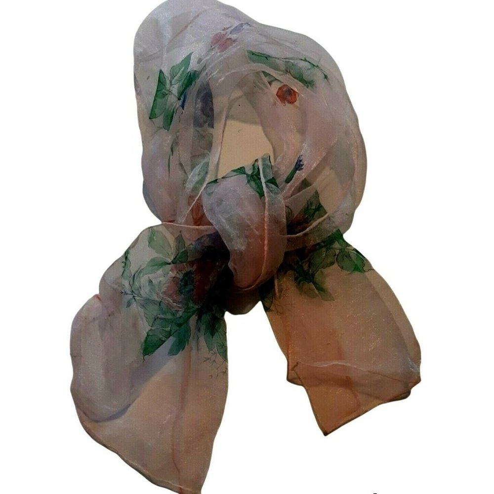Delicate Pink Chiffon Floral Scarf Sheer Valentine Day Made in Italy